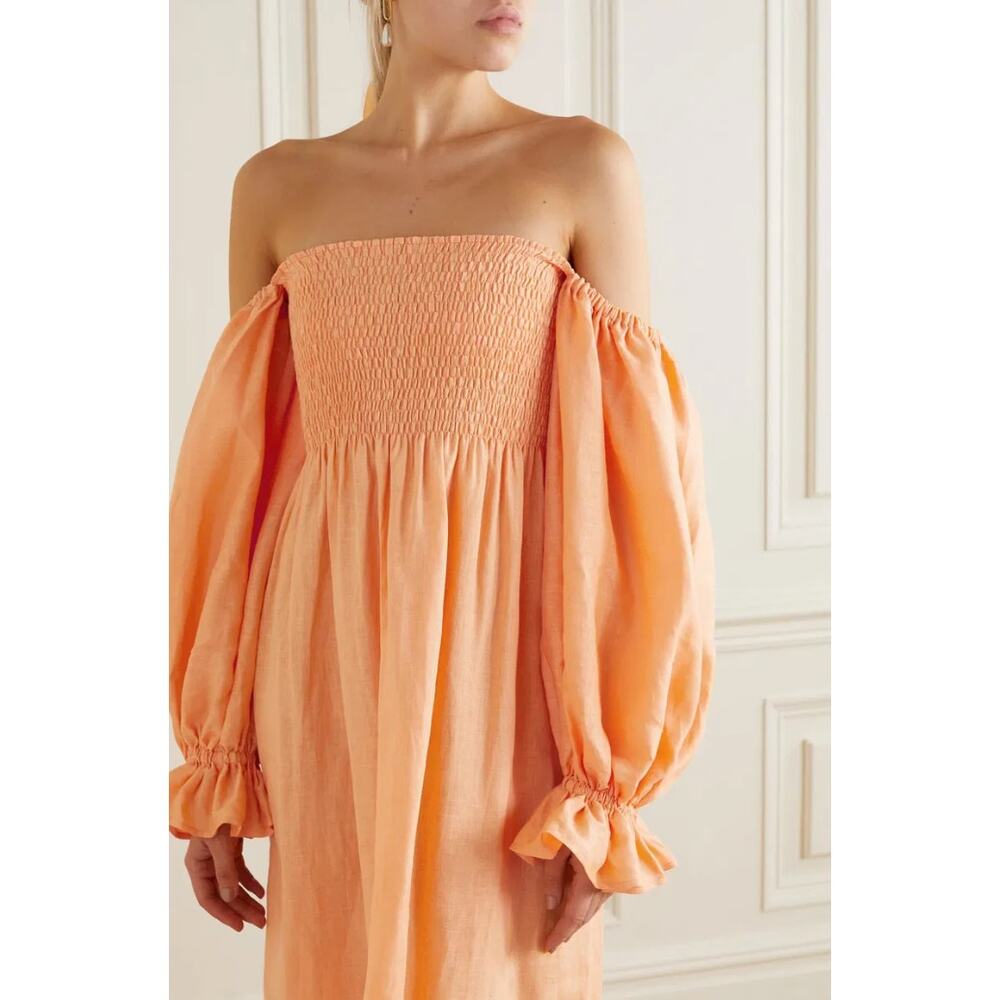 Sleeper smocked linen atlanta midi dress coral - Picture 4 of 5